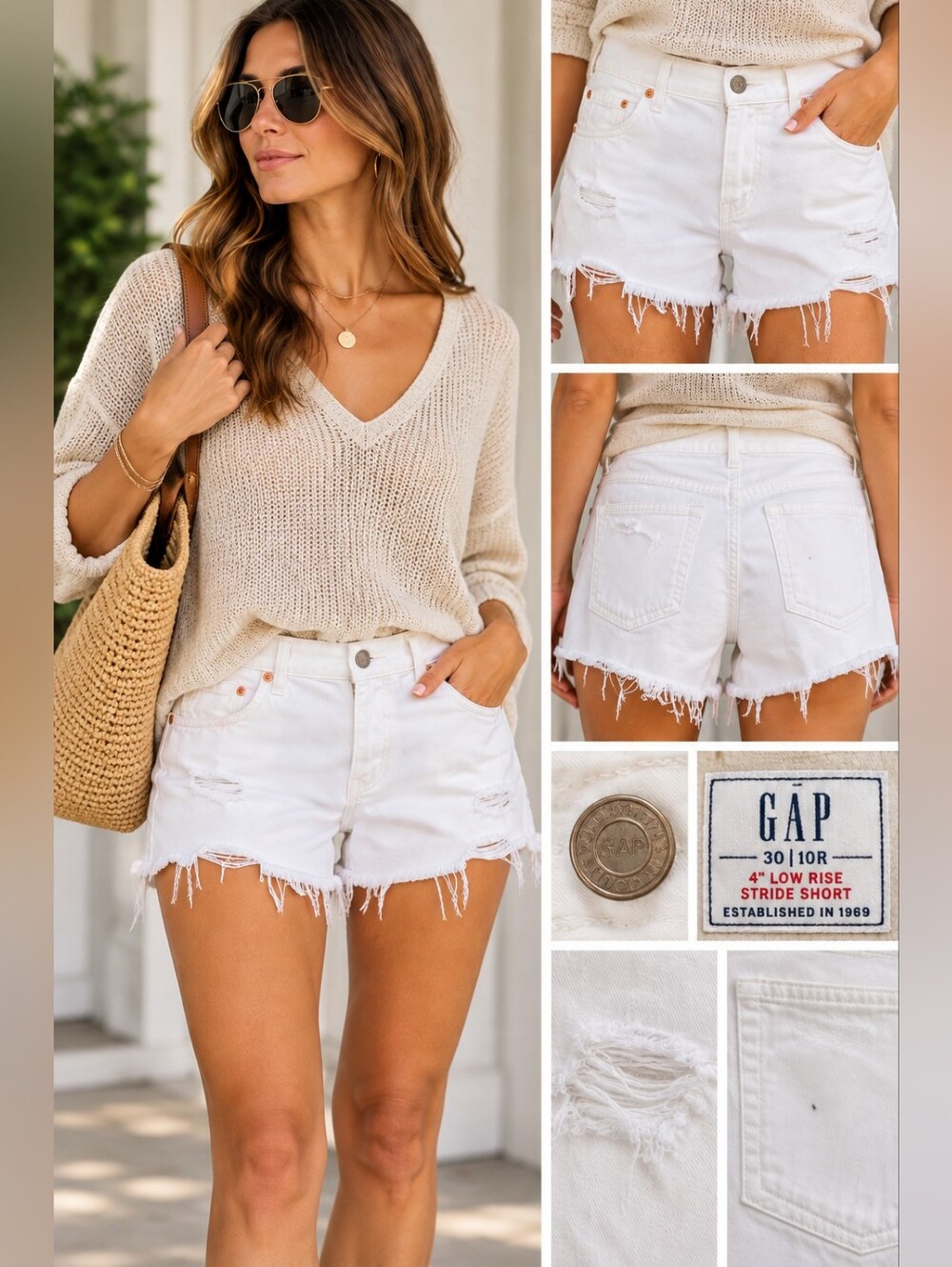 GAP White Distressed Low Rise Stride Denim Shorts Size 30